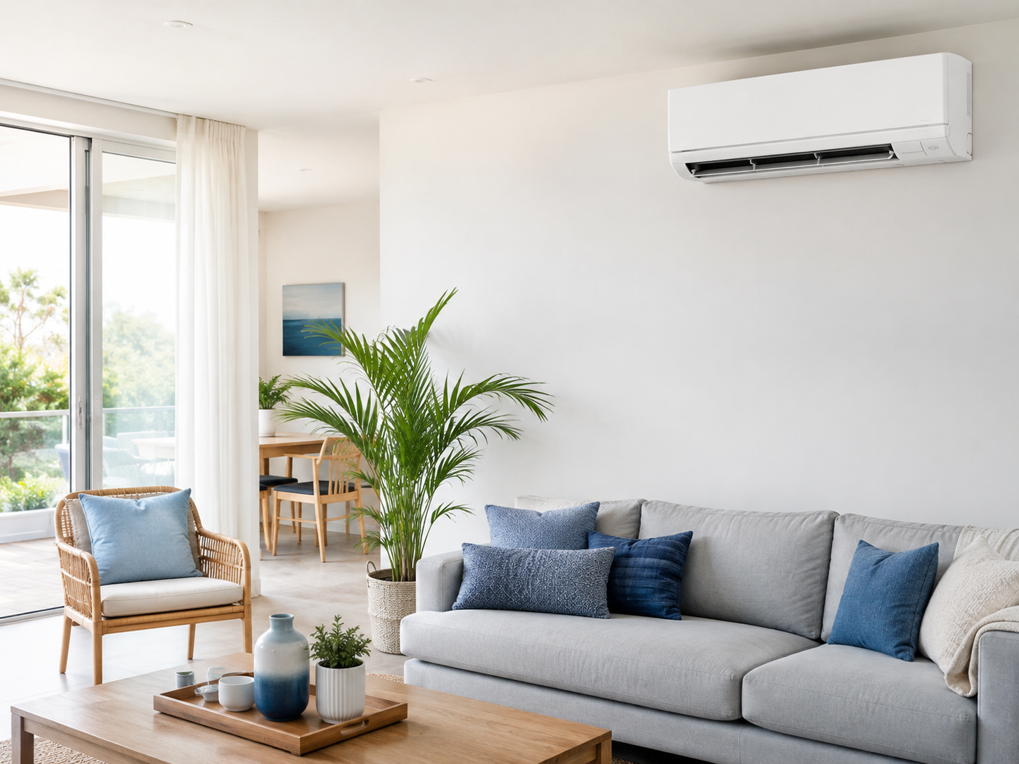 A bright living room with a wall mounted split system air conditioner
